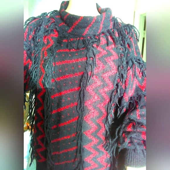 VINTAGE SWEATER RED & BLACK FRINGE BY SUNBOW 2 SZ. MED VERY UNIQUE - Picture 6 of 7